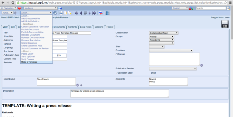ERP5 HowTo | Create Templates - Screenshot Make a Template