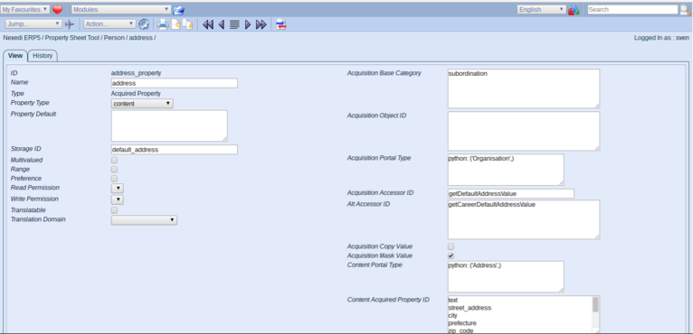 ERP5 Documentation | Screenshot Person Module Propery Sheet, Adress Property