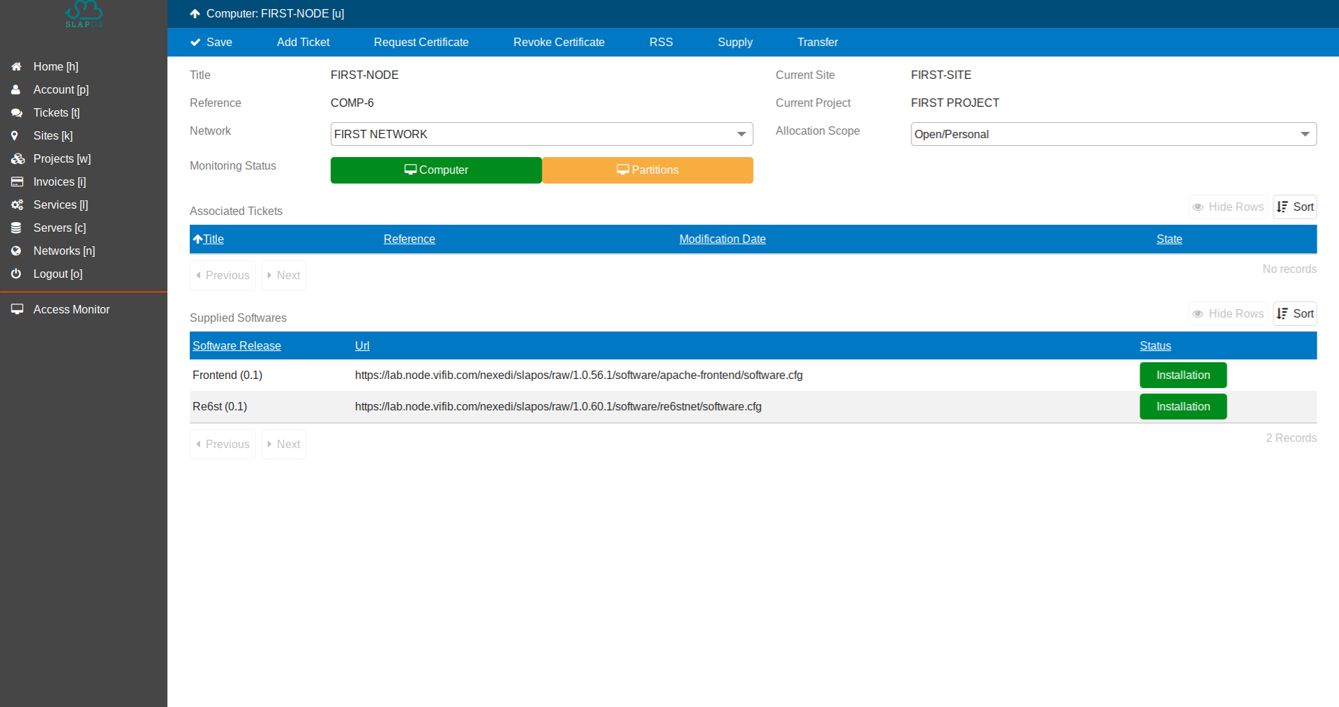 SlapOS Dashboard - Server associated to Site and Project