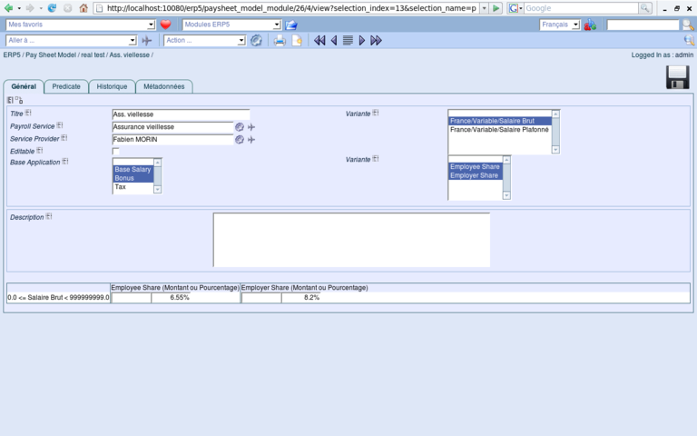 ERP5 Screenshot Paysheet Model Line