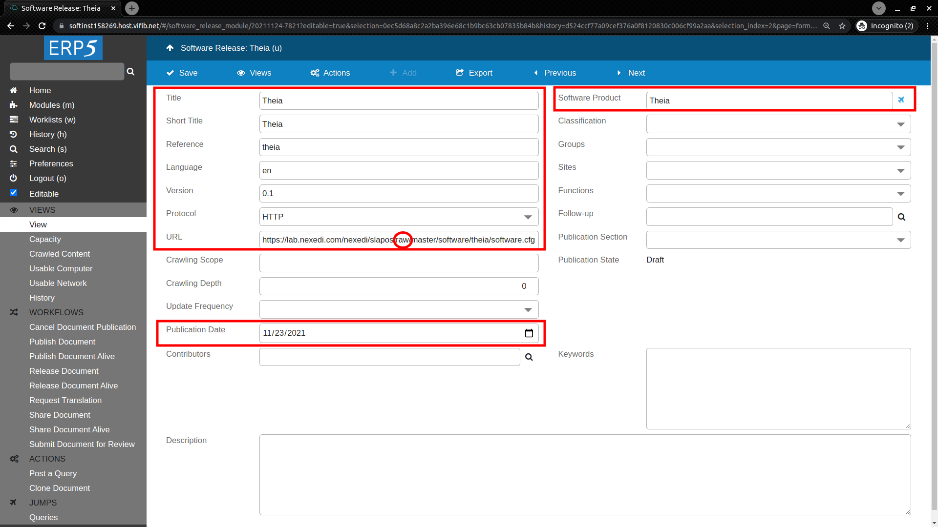 ERP5 Interface - Administrator Define Software Release Webrunner