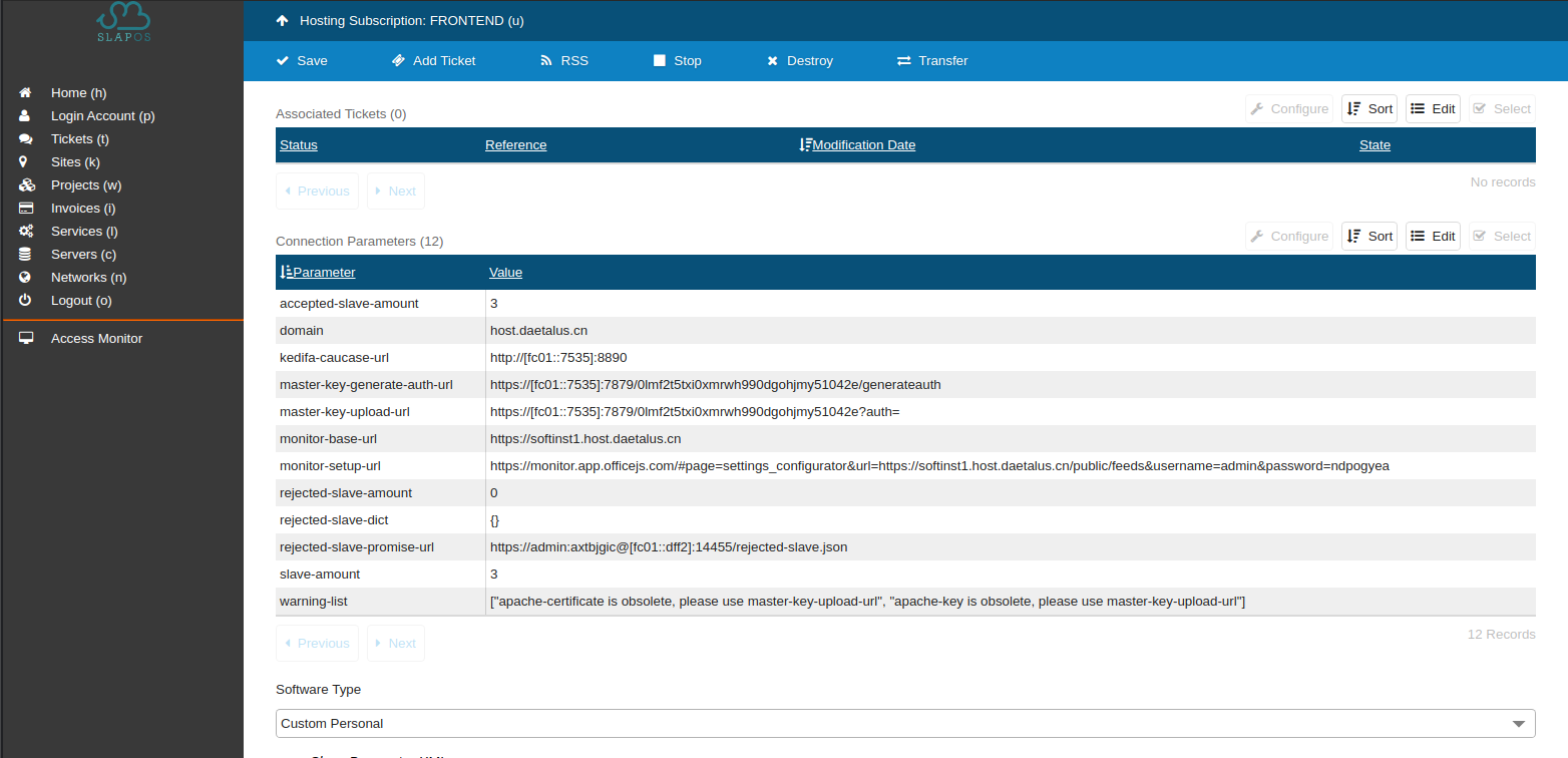 SlapOS Dashboard - Service Frontend Apache Connection Parameters