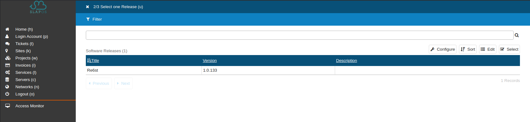 SlapOS Dashboard - Select Software Release Version