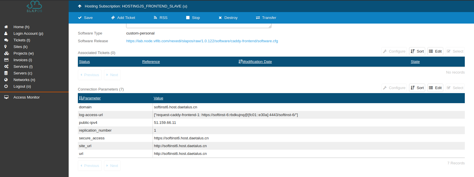 SlapOS Interface - Service Frontend Slave Connection Parameters