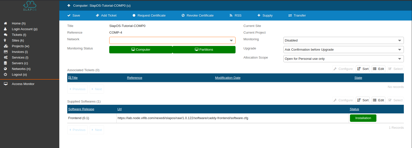 Slapos Dashboard - Supply Service Re6st Registry on COMP-0