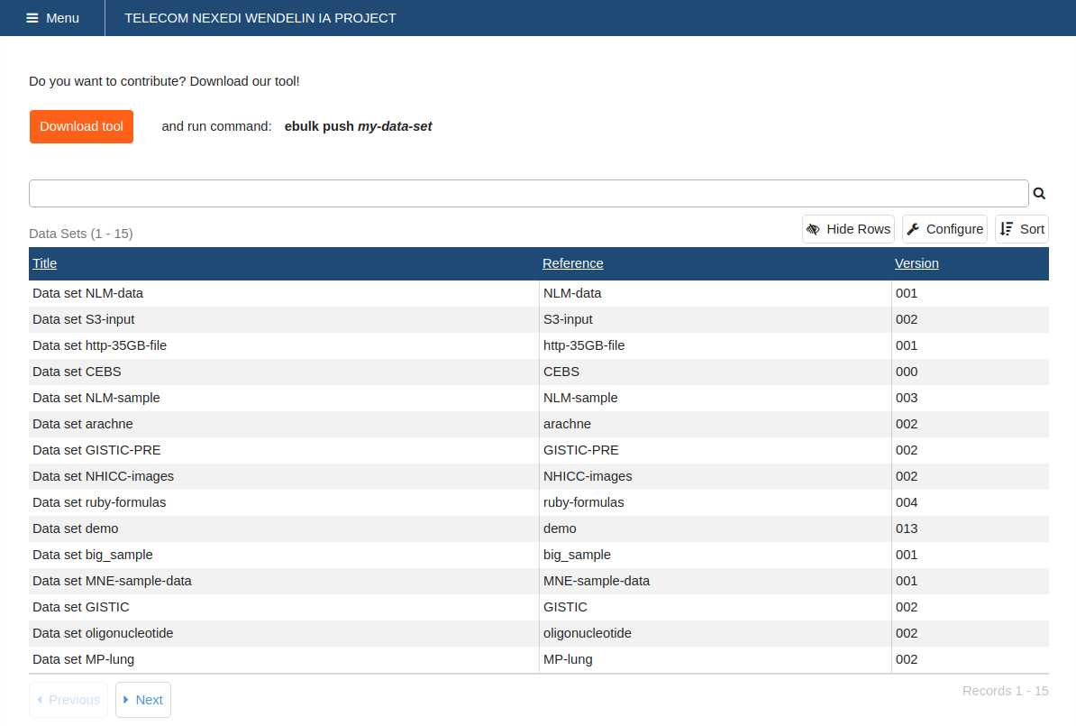 UI list of datasets