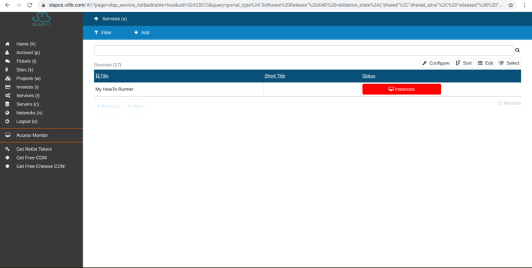 SlapOS Dashboard - Instantiate Service Webrunner