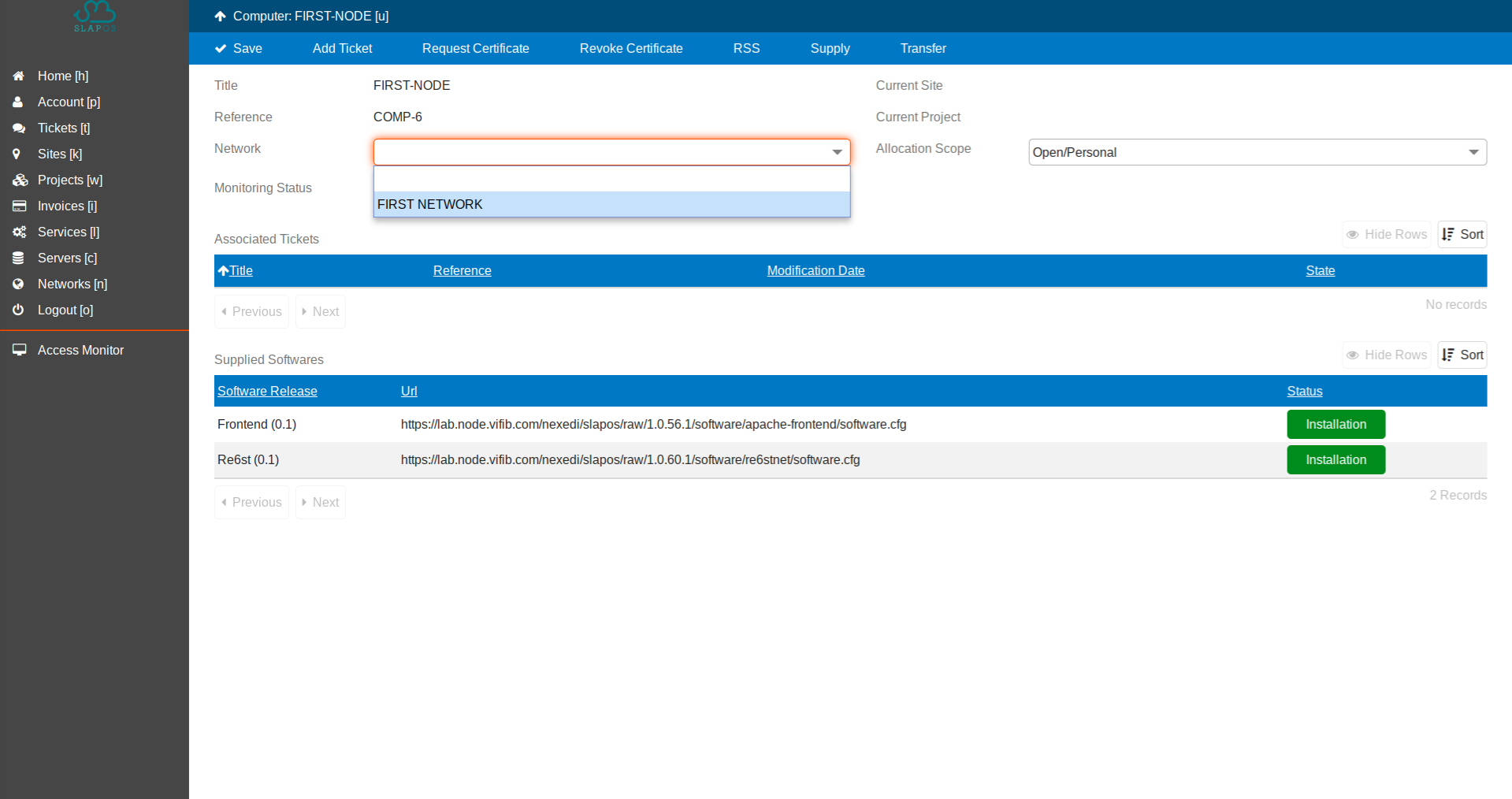 SlapOS Dashboard - Server Network Selection