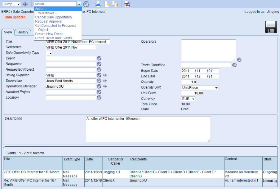 Sale Opportunity example: VIFIB Offer PC Internet